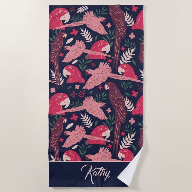 Ara Parrot Tropical Pattern Drawing Monogram Name Beach Towel (Front)