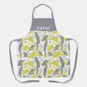Ara Parrot Yellow Grey Tropical Leaf Pattern Apron