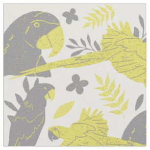 Ara Parrot Yellow Grey Tropical Leaf Pattern Fabric