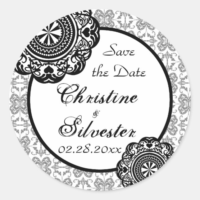 Arabesque Black Lace, save the date stickers (Front)