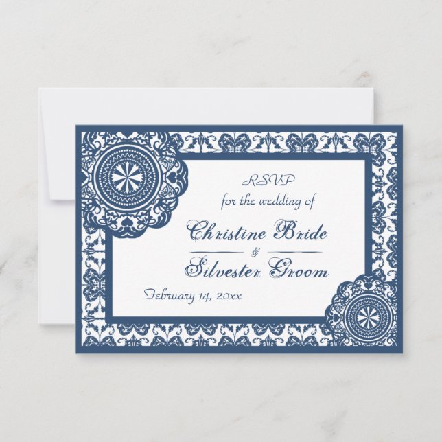 Arabesque Blue Lace, 3.5"x5" wedding rsvp Invitation (Front)