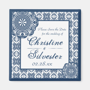 Arabesque Blue Lace, square save the date Magnet