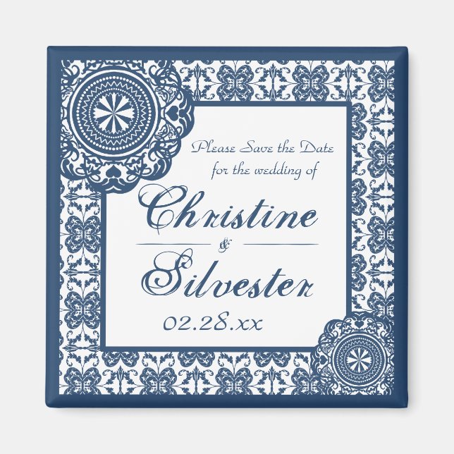 Arabesque Blue Lace, square save the date Magnet (Front)