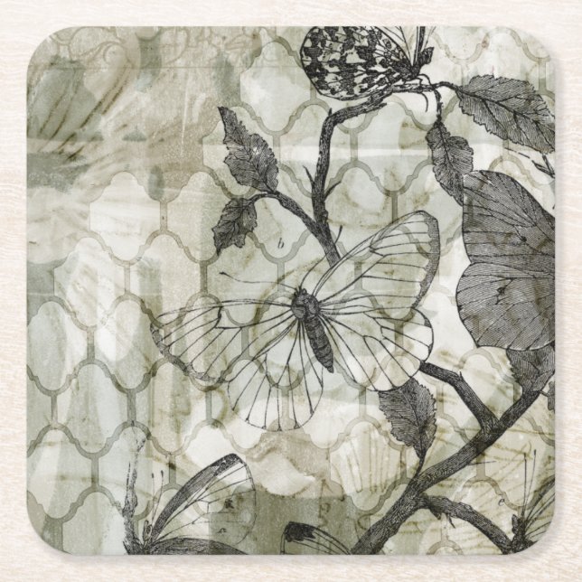 Arabesque Butterflies II Square Paper Coaster (Front)