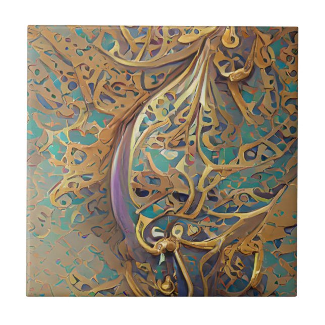 Arabesque gold turquoise geometric digital art tile (Front)