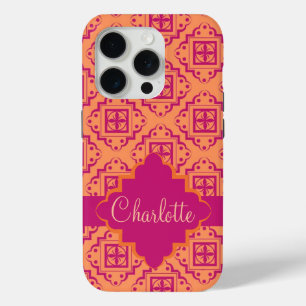Arabesque Moroccan Orange Magenta Name Personalise iPhone 15 Pro Case