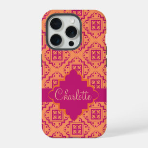 Arabesque Moroccan Orange Magenta Name Personalise iPhone 15 Pro Case