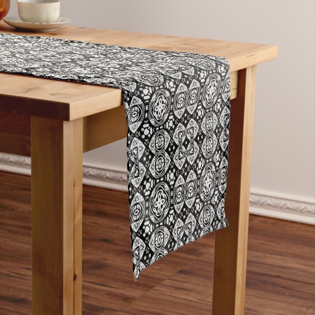 Arabesque Mosaic Tile Pattern Black and White Short Table Runner (In Situ)