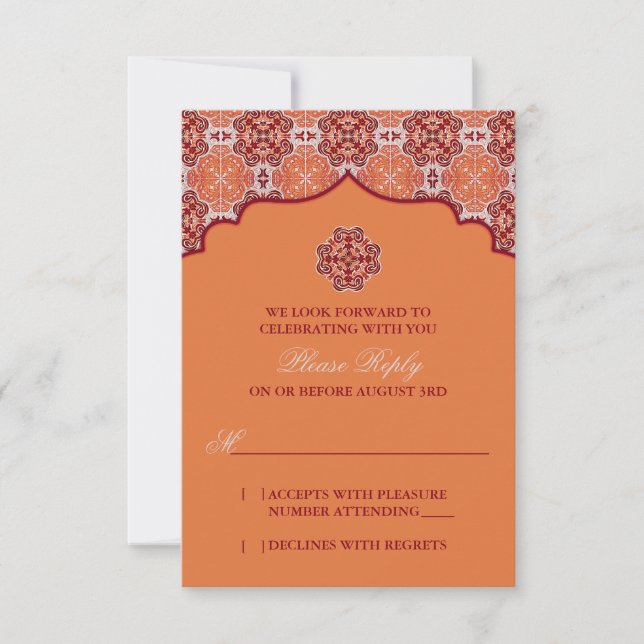 Arabesque Orange Red Indian Wedding RSVP Reply Card (Front)
