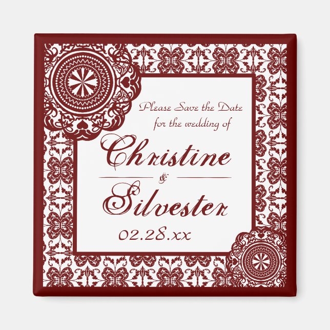 Arabesque Red Lace, square save the date Magnet (Front)