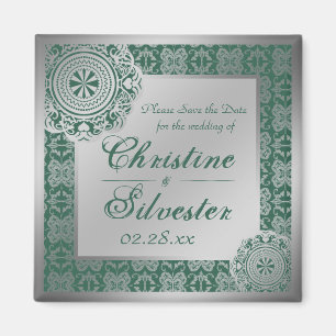 Arabesque Silver Lace, square save the date Magnet