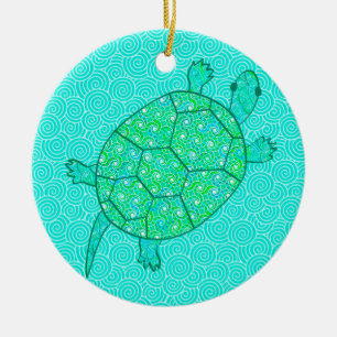 Arabesque swirl turtle - shades of seafoam green ceramic tree decoration