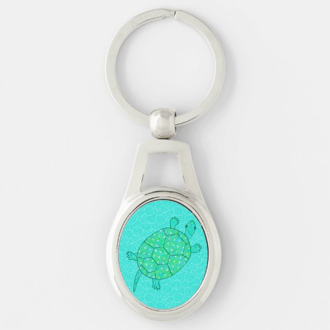 Arabesque swirl turtle - shades of seafoam green key ring (Front)