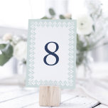 Arabesque Table Number Card | Mist<br><div class="desc">Modern Moroccan inspired table number cards feature a geometric border in ethereal pale blue-green and white,  surrounding your table number in rich navy blue. Design repeats on reverse side. Coordinates with our Arabesque wedding invitation suite in Mist.</div>