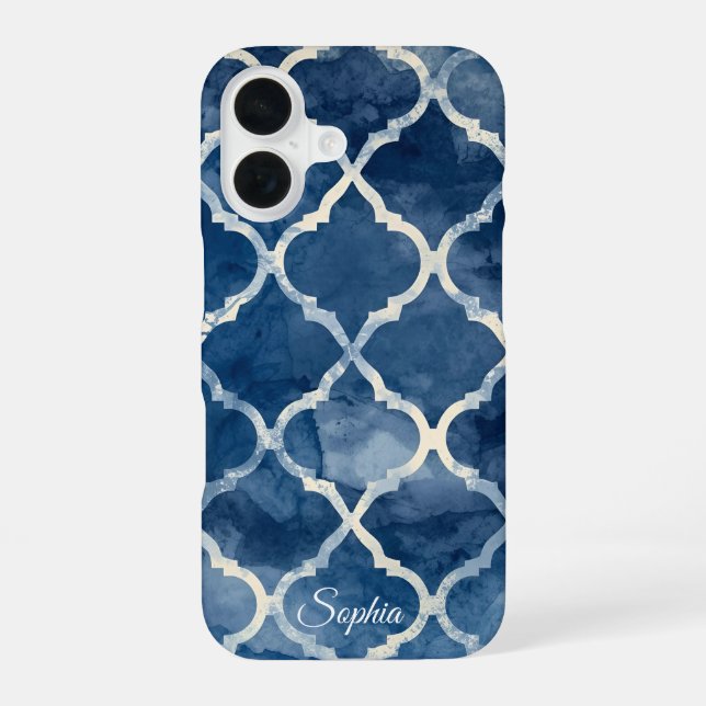 Arabesque Trellis Phone Case – Blue Watercolor Geo (Back)