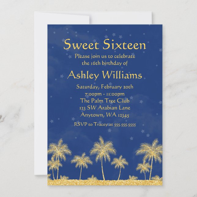 Arabian Nights Blue Stars Sweet 16 Birthday Party Invitation (Front)