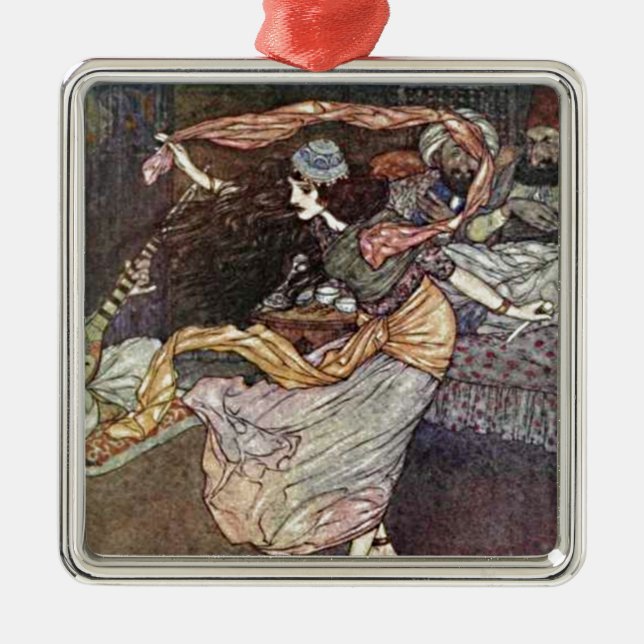 Arabian Nights Dancing Girl with Scarves Illustrat Metal Tree Decoration (Front)