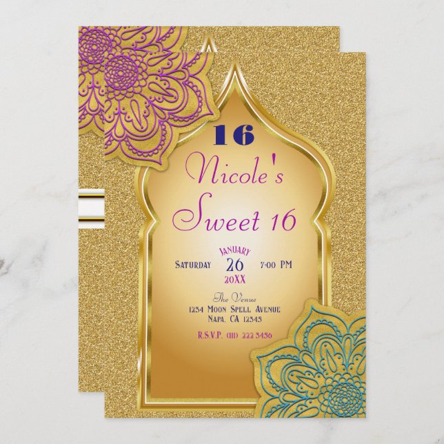 Arabian Nights Gold Sparkle Mandala Birthday Party Invitation (Front/Back)