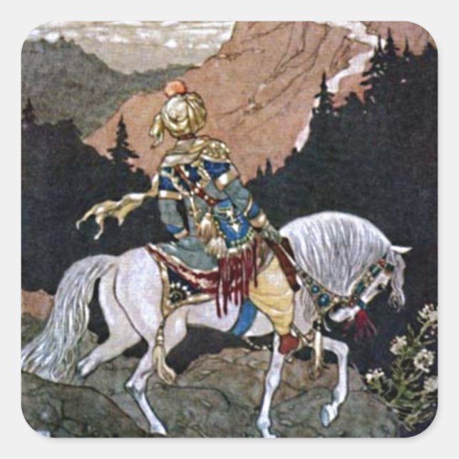 Arabian Nights Knight Prince on White Horse Square Sticker (Front)
