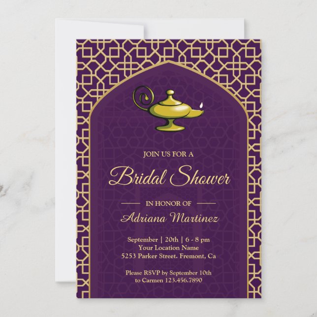 Arabian Nights Magic Lamp Purple Bridal Shower Invitation (Front)