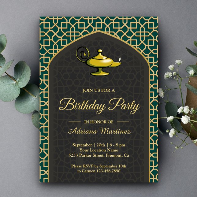 Arabian Nights Magic Lamp Teal Grey Birthday Invitation (Creator Uploaded)