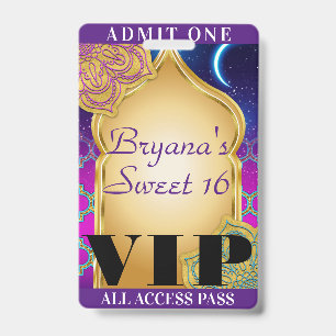 Arabian Nights Moroccan Party Sweet 16 VIP Pass ID Badge