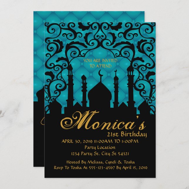Arabian Nights, Teal Birthday Invitation (Front/Back)