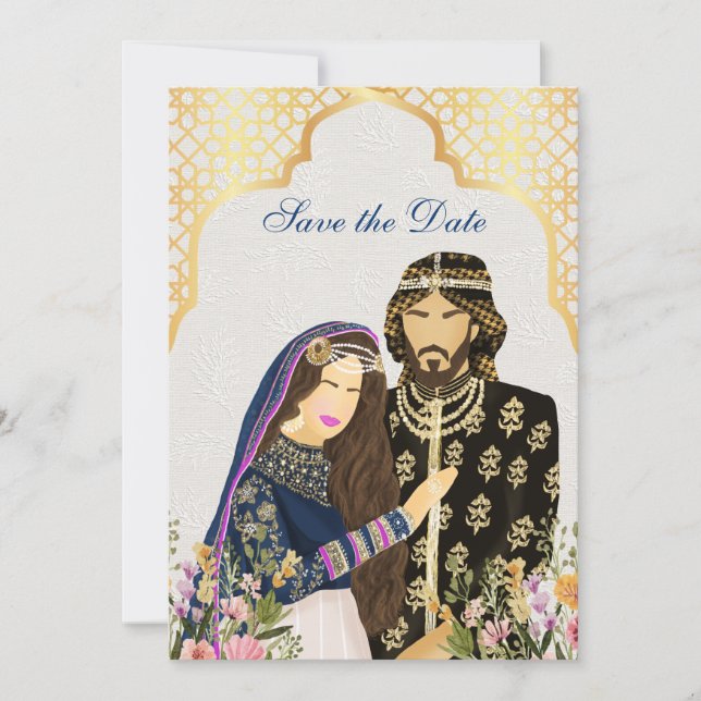 Arabian wedding Couple illustration Save The Date (Front)