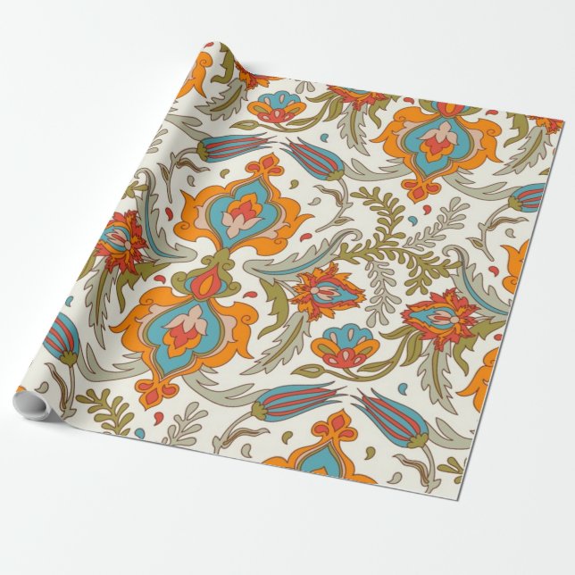 Arabic Boho Elegant Floral Moroccan Peacock  Wrapping Paper (Unrolled)