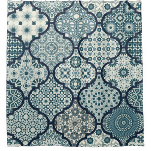 Arabic decorative azulejos tiles patchwork islamic shower curtain