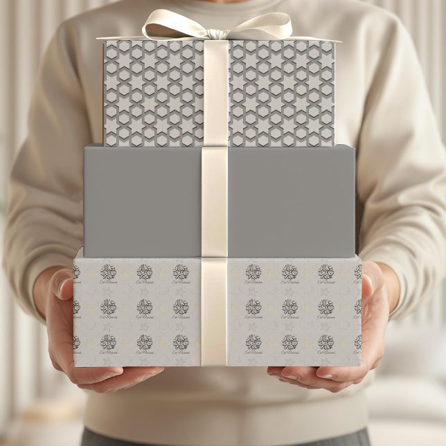 Arabic Eid Mubarak Cute Grey Star Pattern Quote Wrapping Paper Sheet (Creator Uploaded)