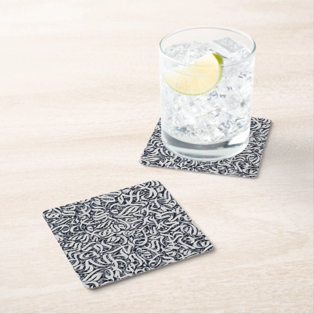 Arabic letters black and white  square paper coaster (Insitu)