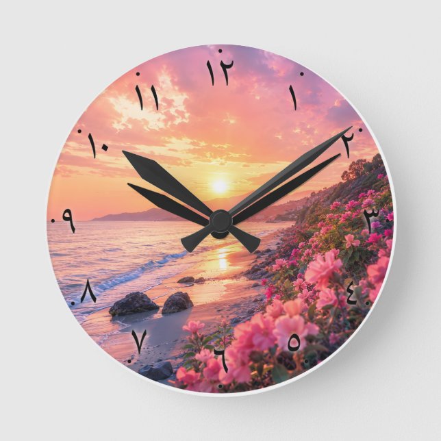 Arabic Numerals Sunset Beach Wall Clock | Floral C (Front)