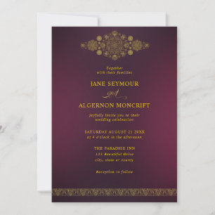 Arabic-style wedding invitation in gold and maroon