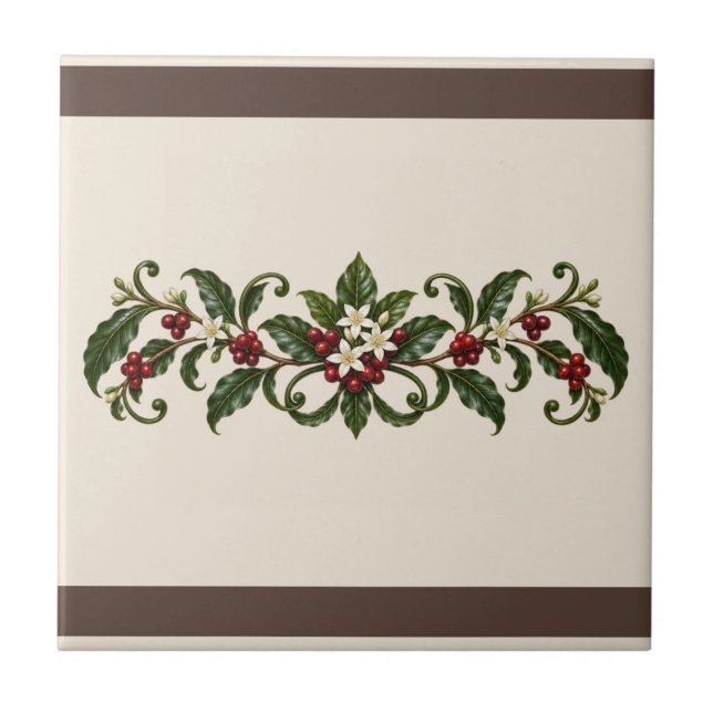 Arabica Coffee Botanical Custom Colour Frieze Tile (Original warm linen & espresso palette. Background and both bands can be personalized.)