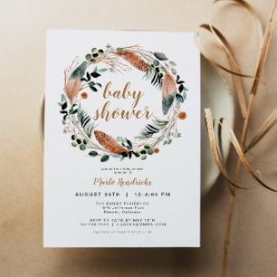 ARBOR Bohemian Feather Greenery Wreath Boho Baby Invitation