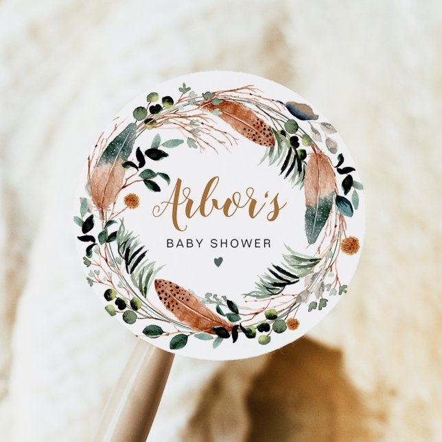 ARBOR Bohemian Feather Greenery Wreath Boho Classic Round Sticker (Creator Uploaded)