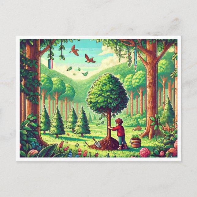 🌱 Arbor Day Pixel Art Postcard – Retro Nature Cel (Front)