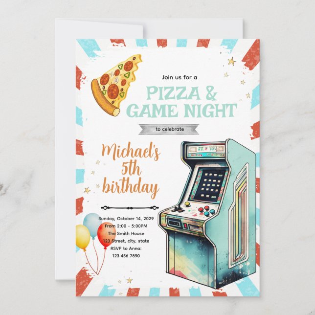 Arcade and pizza birthday Party Invitation (Front)