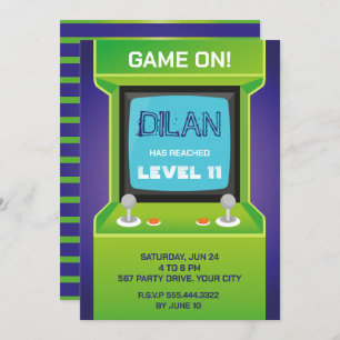 Arcade birthday, gamer birthday invitation, green invitation