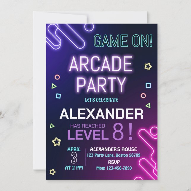 Arcade Birthday Invitation Gamer Invitation Gaming (Front)