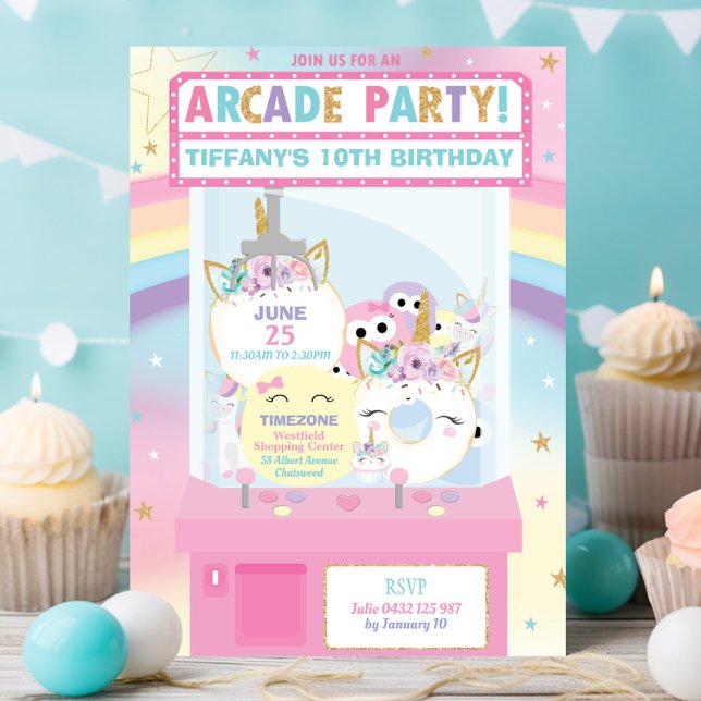 Arcade Birthday Party Girl Rainbow Unicorn Invitation (Creator Uploaded)