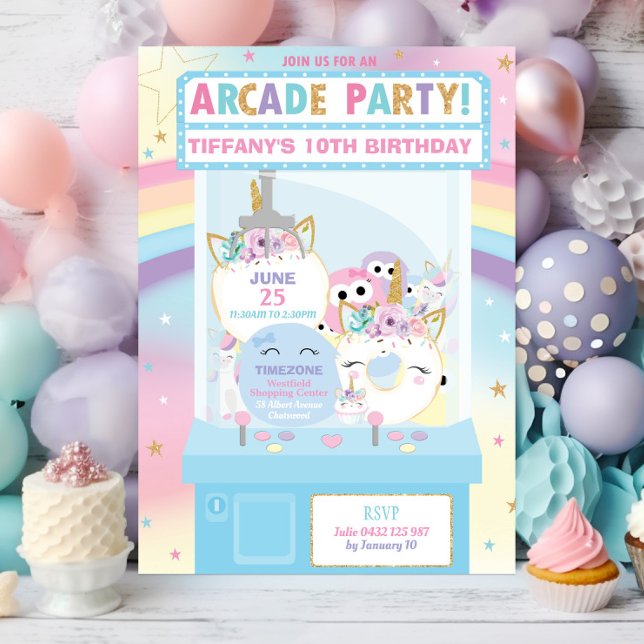 Arcade Birthday Party Girl Rainbow Unicorn Invitation (Creator Uploaded)