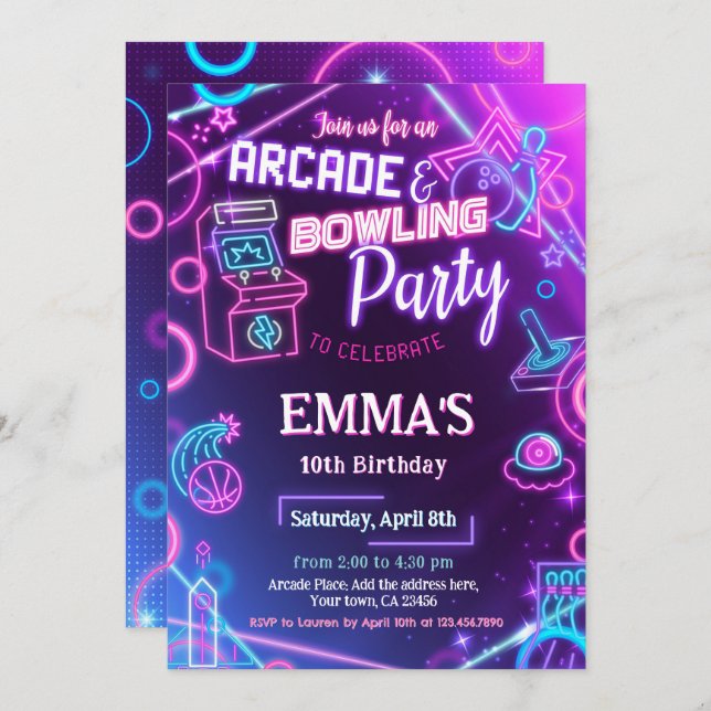 Arcade Bowling Neon Birthday Party Invitation (Front/Back)