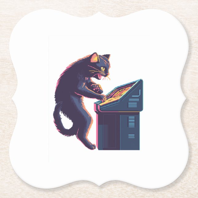 Arcade Meowster – Nostalgic Gamer Cat Paper Coaster (Front)