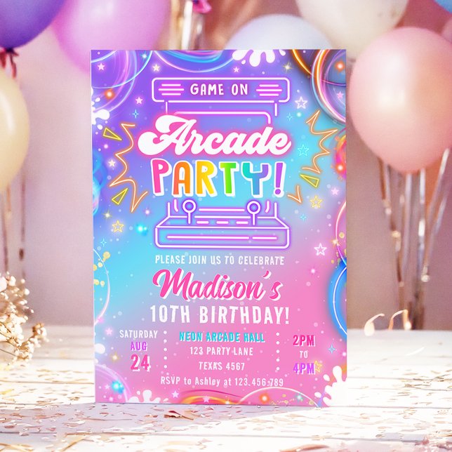 Arcade Party Game Hall Neon Glow Girl Birthday Invitation (Creator Uploaded)