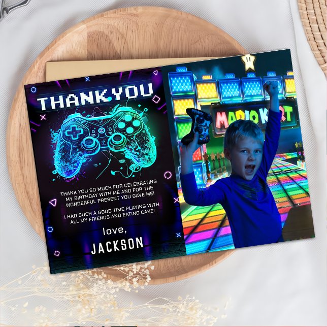 Arcade Video Game Birthday Photo Thank You Card (Creator Uploaded)