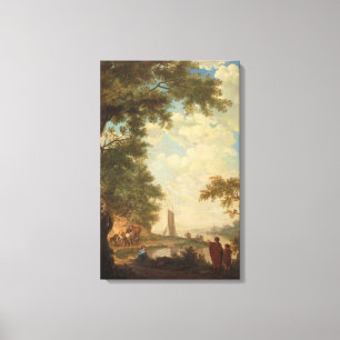 Arcadian landscape with figures at a riverbank, canvas print
