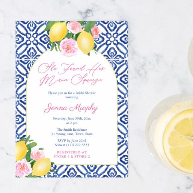 Arch Amalfi Coast Lemon Main Squeeze Bridal Shower Invitation (She Found Her Main Squeeze. Contemporary Italian bridal shower invitation design with modern arch)