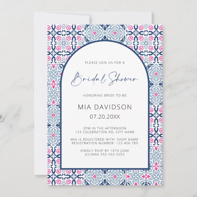 Arch Amalfi Tile Blue & Hot Pink Bridal Shower Invitation (Front)